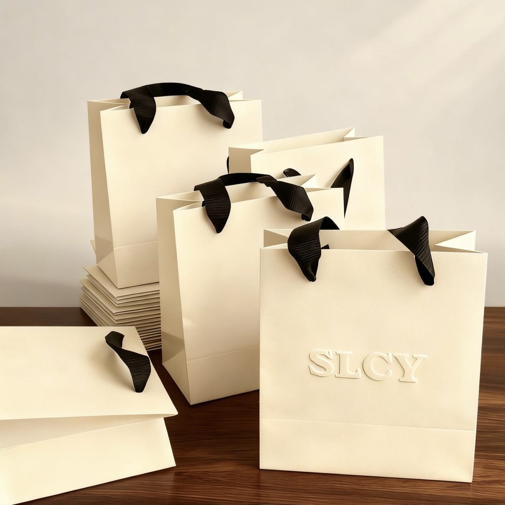 Custom Printing Paper Bag with Embossed Logo Gold Foil Stamping Luxury Shopping Gift Packaging Bags with Ribbon Handle