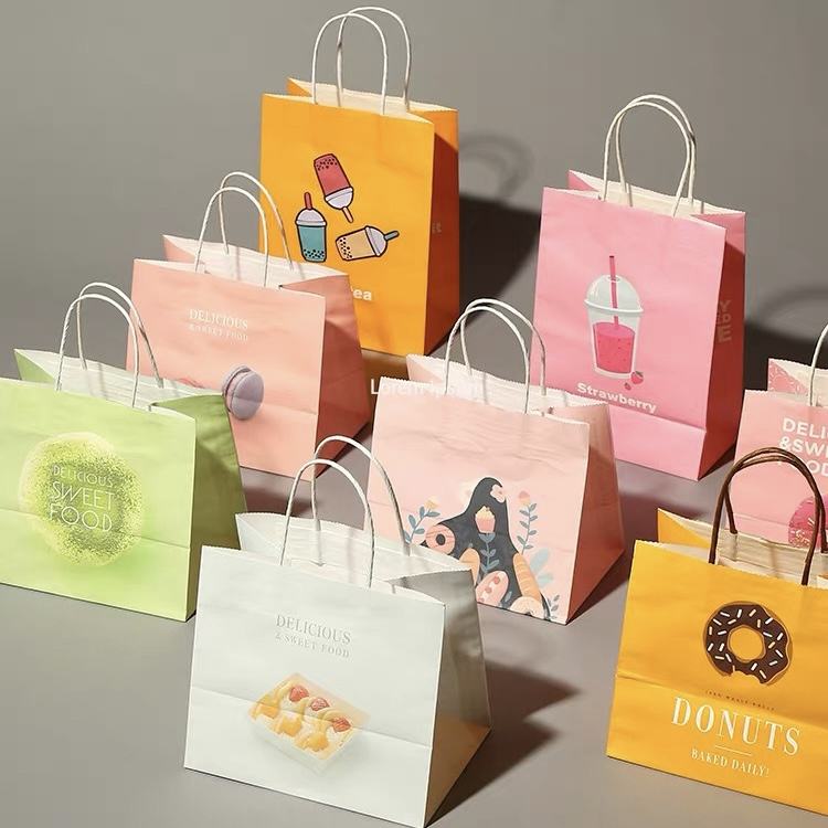 Takeaway Bakery Food Brown Kraft Paper Carrier Bags for Take Out Cafe Printed Your Own logo
